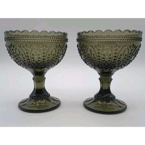 Vtg Smoky Green Compote Dish Set Of 2 Scalloped Rim - Picture 1 of 4